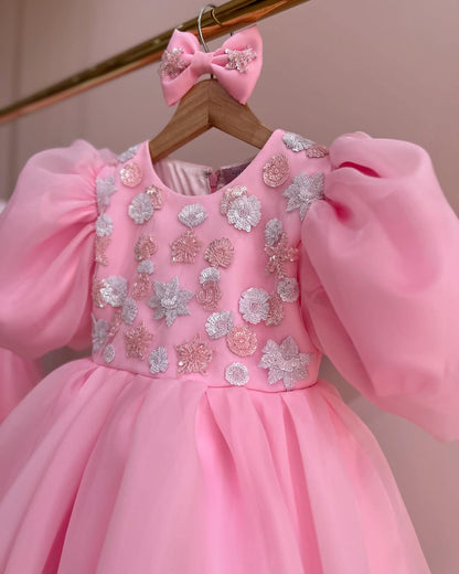 Luxury Pink Organza Puff Sleeve Girls Couture Dress with Hand Embroidery & Crystals