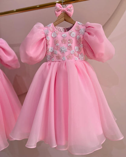 Luxury Pink Organza Puff Sleeve Girls Couture Dress with Hand Embroidery & Crystals