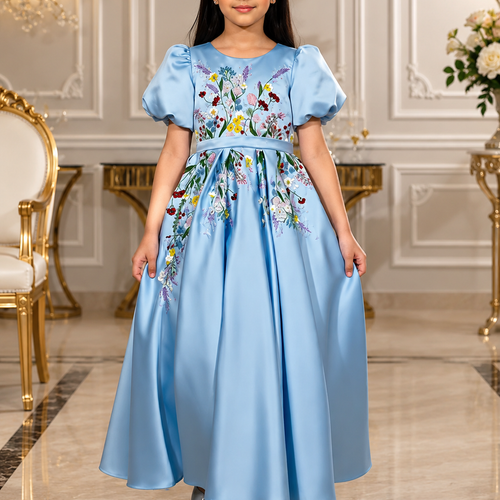 Sky Blue Floral Embroidered Princess Dress for Girls