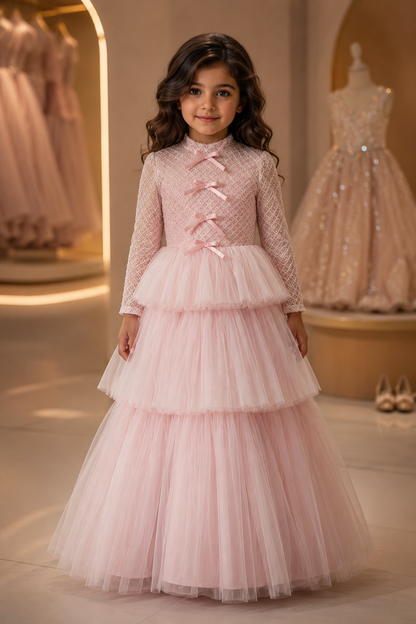 Delicate and elegant baby dress crafted in soft blush pink tones