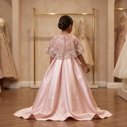 Embroidered Cape Satin Midi Dress