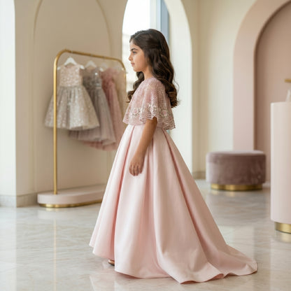 Embroidered Cape Satin Midi Dress