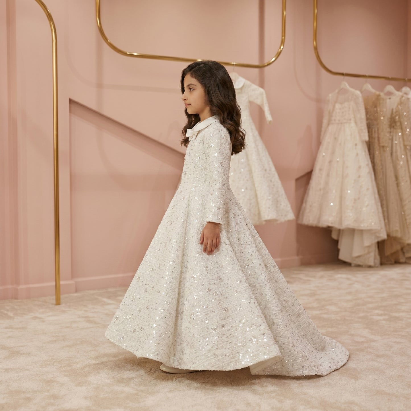 Luxury White Sequin Floral Kids Couture Dress