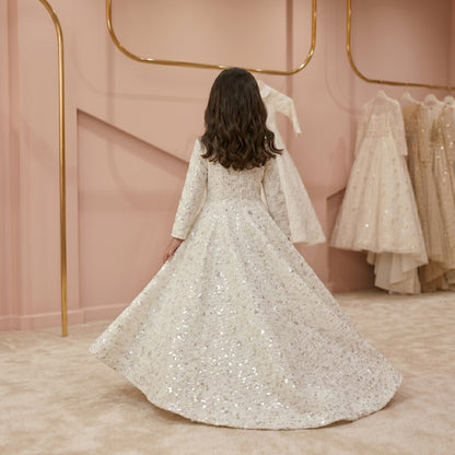Luxury White Sequin Floral Kids Couture Dress