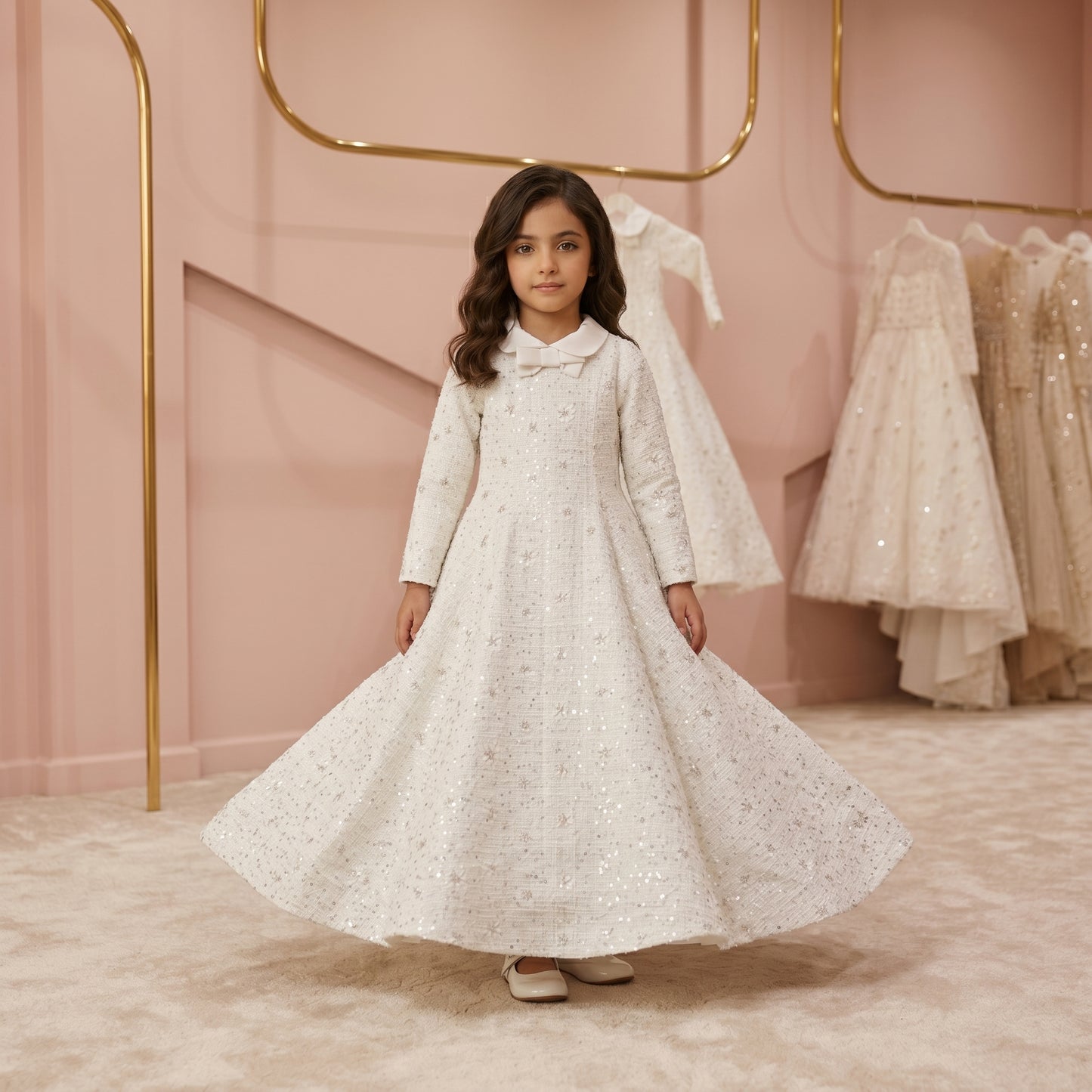 Luxury White Sequin Floral Kids Couture Dress
