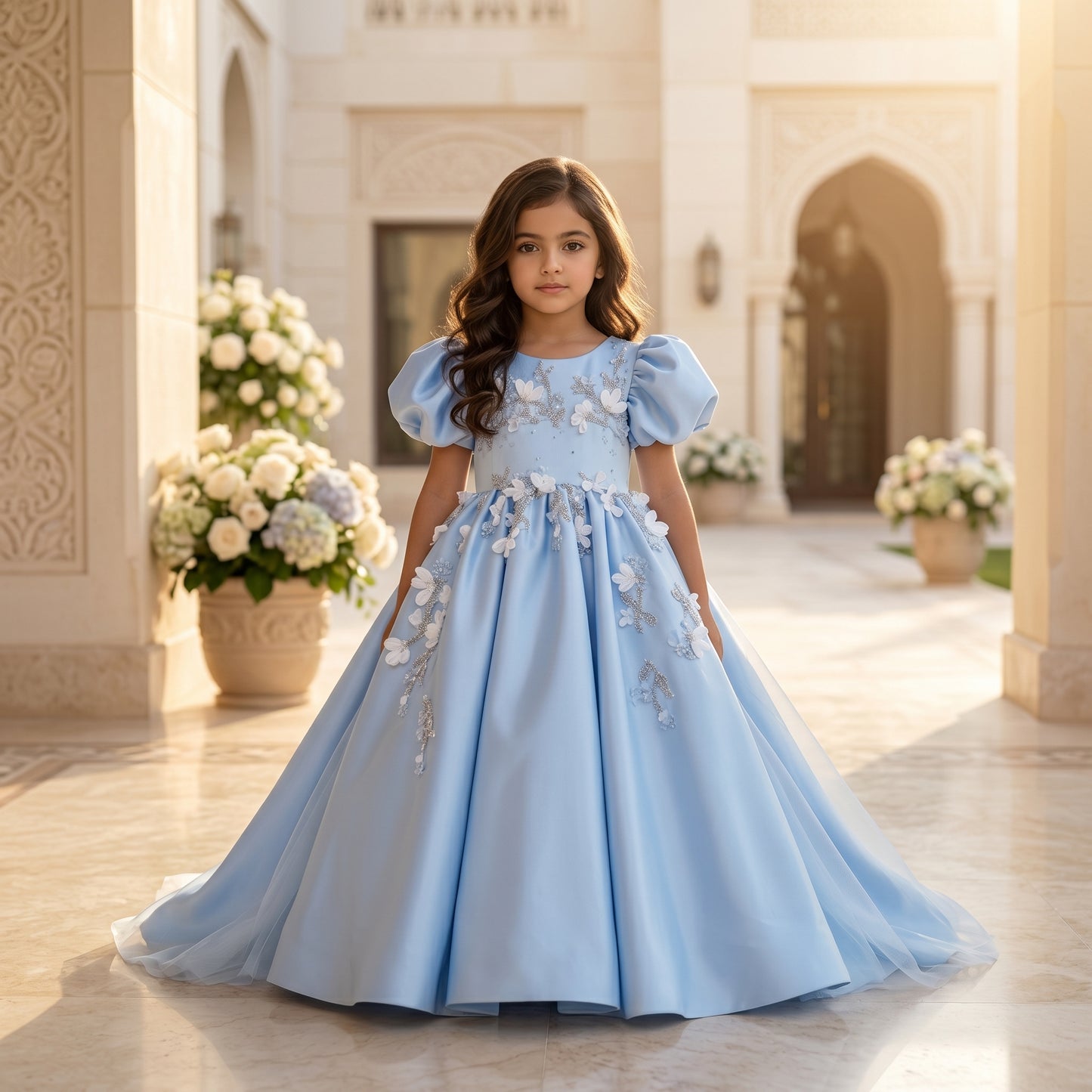 Luxury Floral Puff Sleeve Couture Dress