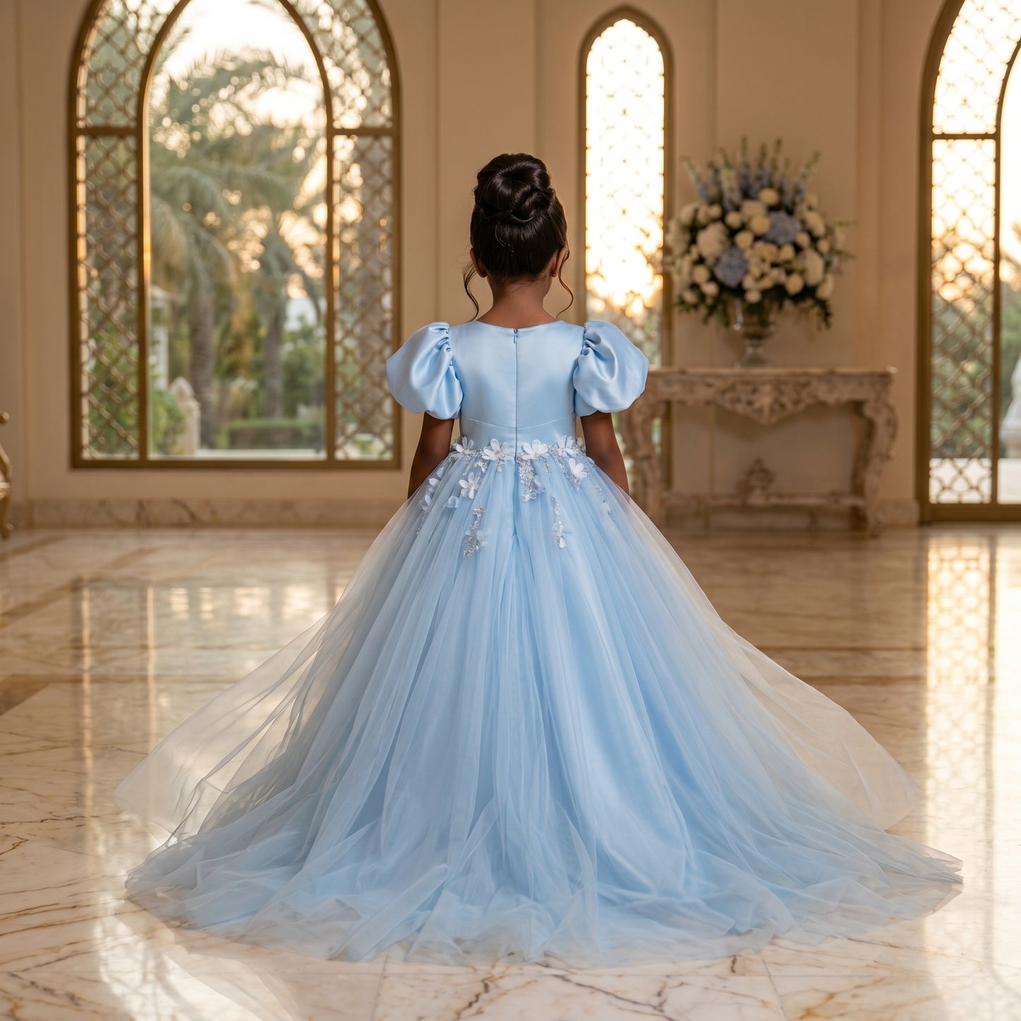 Luxury Floral Puff Sleeve Couture Dress