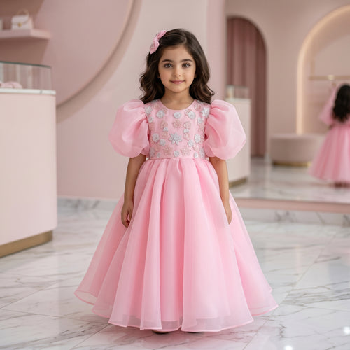 Luxury Pink Organza Puff Sleeve Girls Couture Dress with Hand Embroidery & Crystals