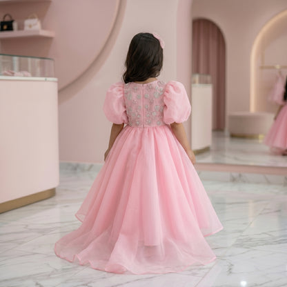Luxury Pink Organza Puff Sleeve Girls Couture Dress with Hand Embroidery & Crystals