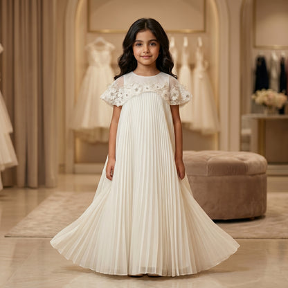 Pleated Organza Couture Dress with Handmade Floral Crystal Cape