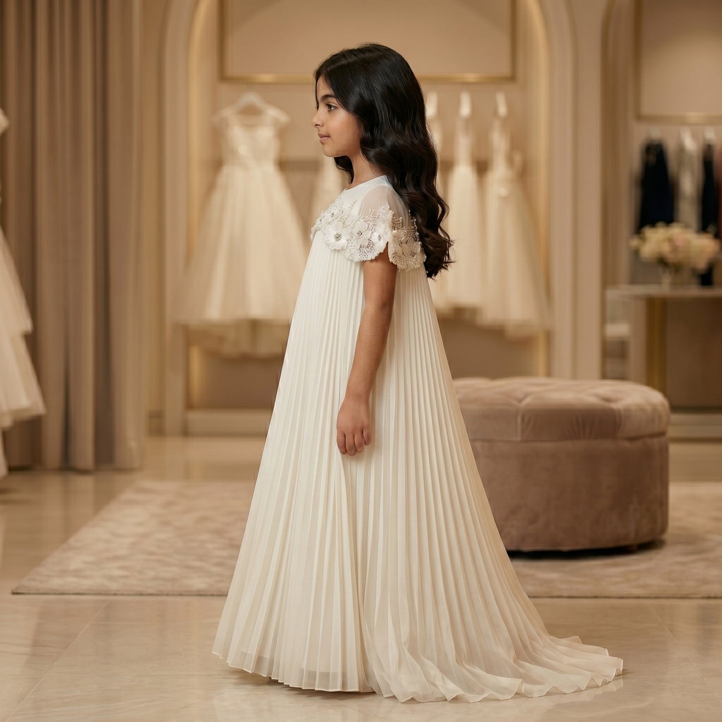 Pleated Organza Couture Dress with Handmade Floral Crystal Cape
