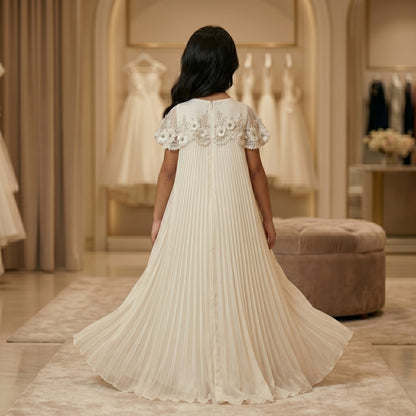 Pleated Organza Couture Dress with Handmade Floral Crystal Cape