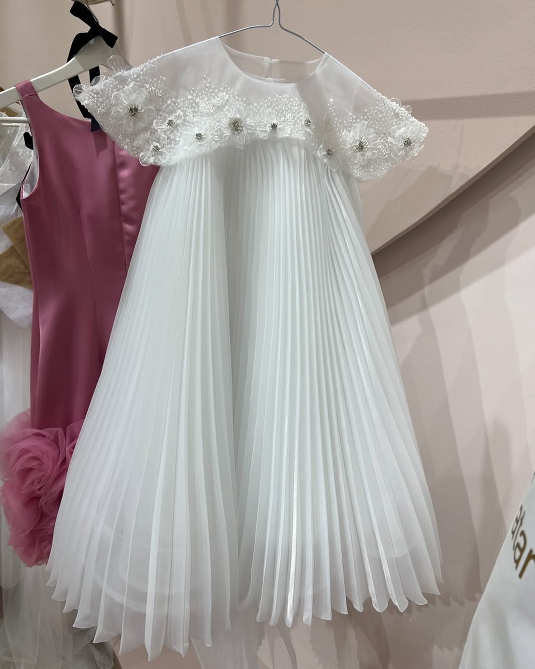 Pleated Organza Couture Dress with Handmade Floral Crystal Cape